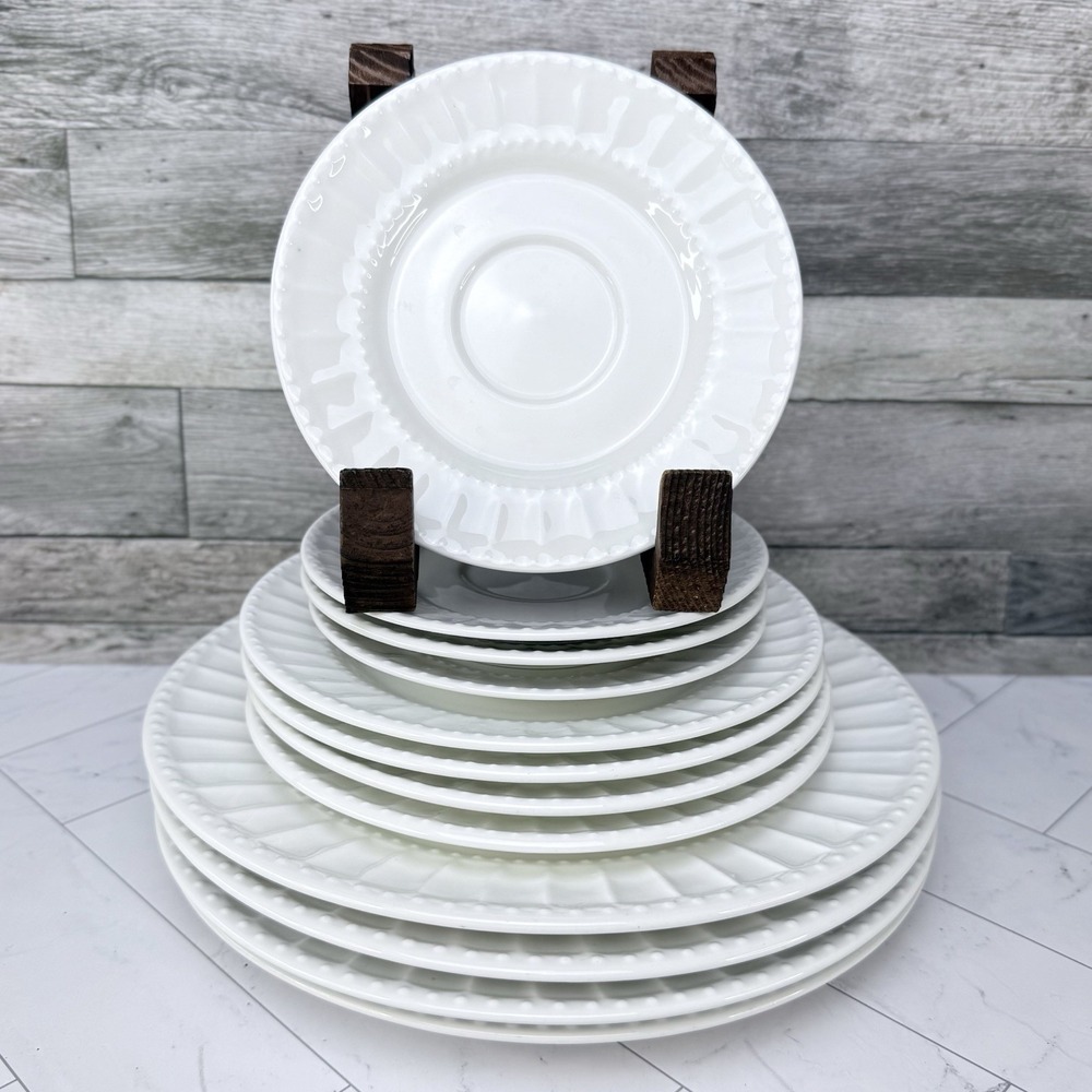 Gibson REGALIA Plate Set Of 12 White Embossed Ceramic Oven Safe: 10.75" 7.75" 6"